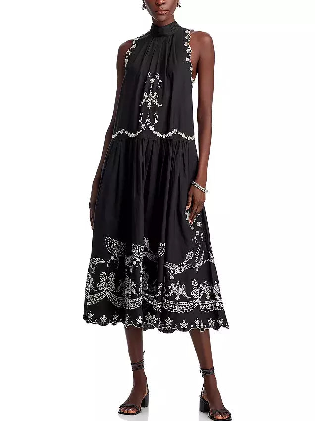 Embroidered Cotton Sleeveless Midi Dress in Black - Dresses