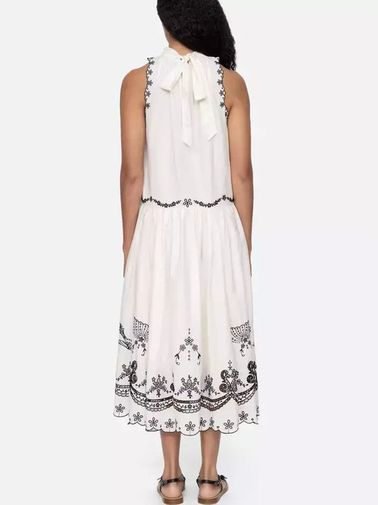 Embroidered Cotton Sleeveless Midi Dress in White - Dresses