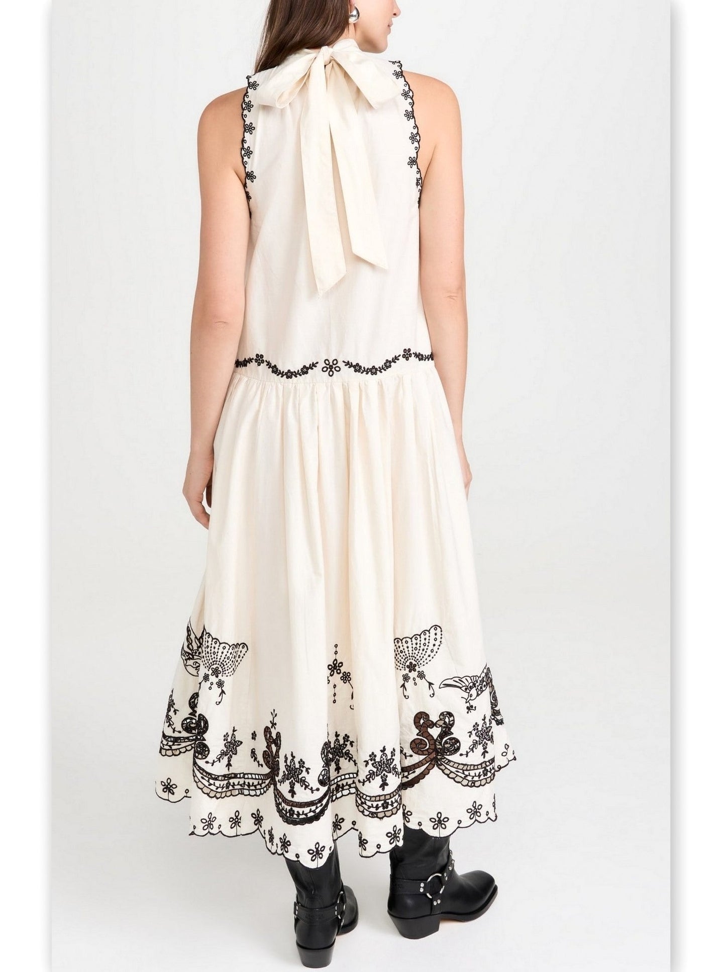 Embroidered Cotton Sleeveless Midi Dress in White - Dresses