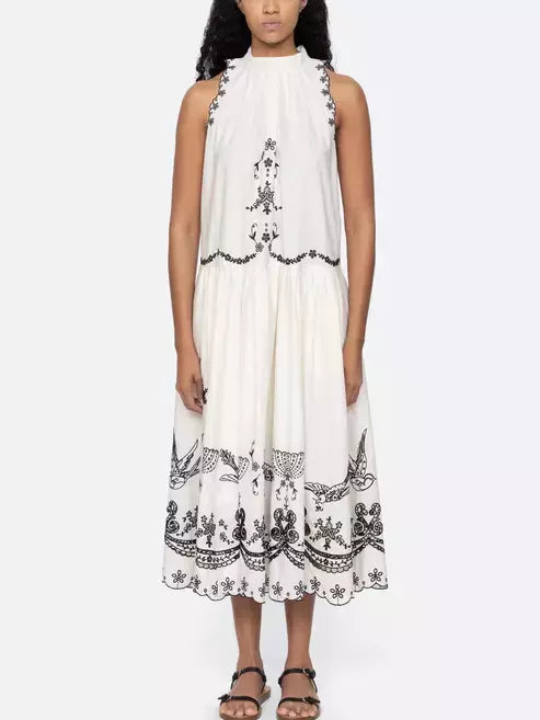 Embroidered Cotton Sleeveless Midi Dress in White - Dresses