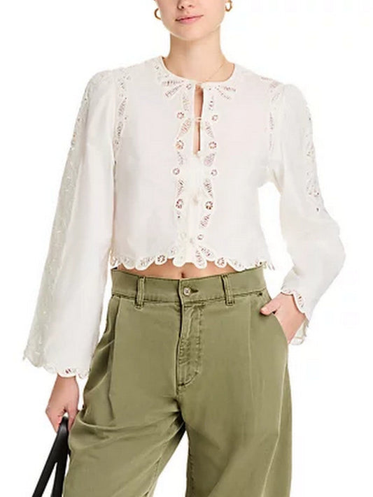 Embroidered Cotton White Puff-Sleeve Blouse - Tops