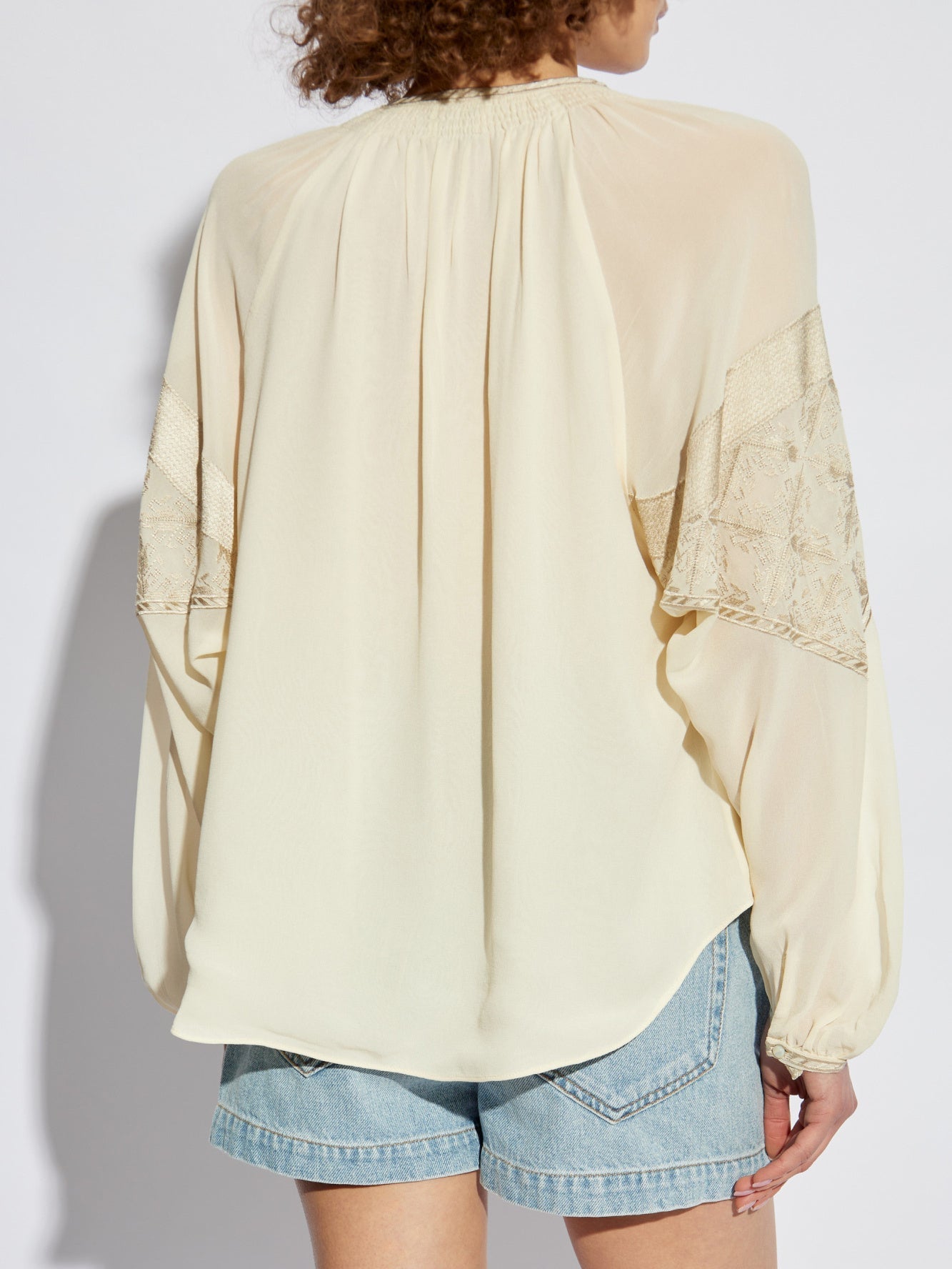 Embroidered Cream Blouse with Front Tassel Ties - Tops