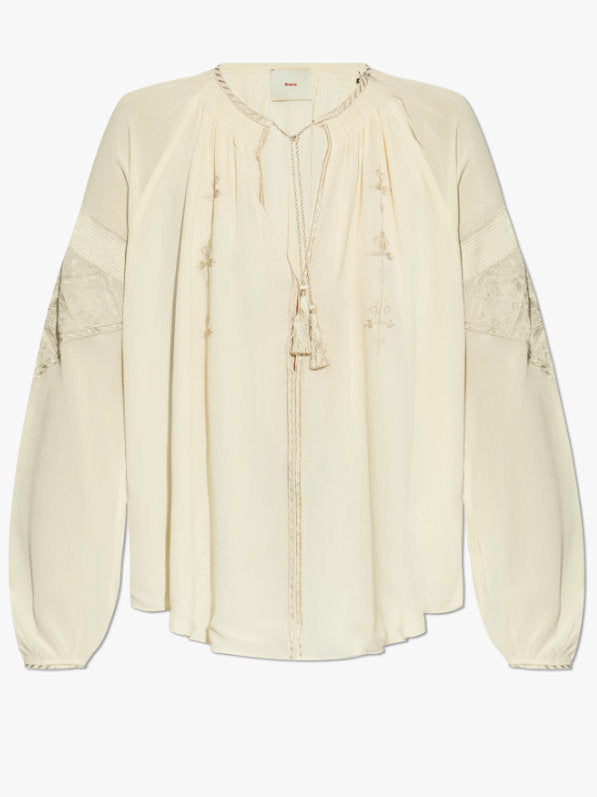 Embroidered Cream Blouse with Front Tassel Ties - Tops