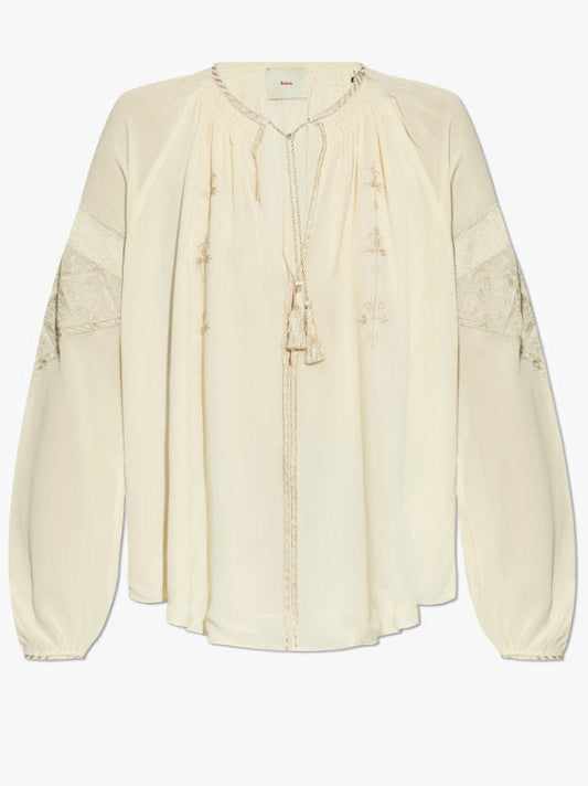 Embroidered Cream Blouse with Front Tassel Ties - Tops