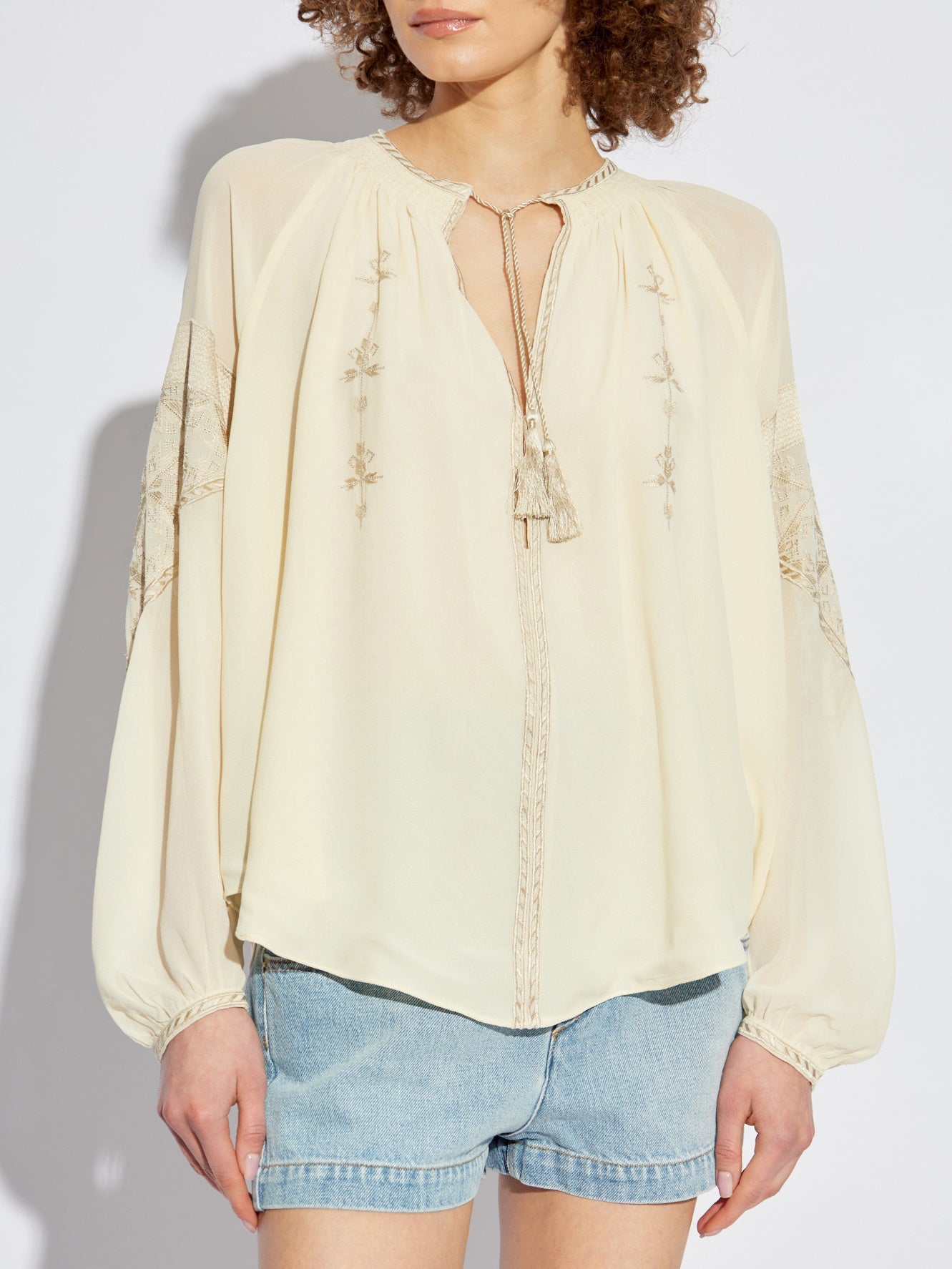 Embroidered Cream Blouse with Front Tassel Ties - Tops