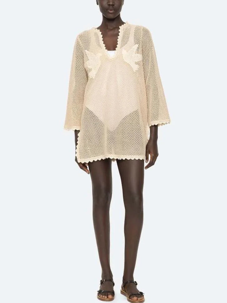 Embroidered Crochet-Knit Cover-Up Long Top - Medium - Tops