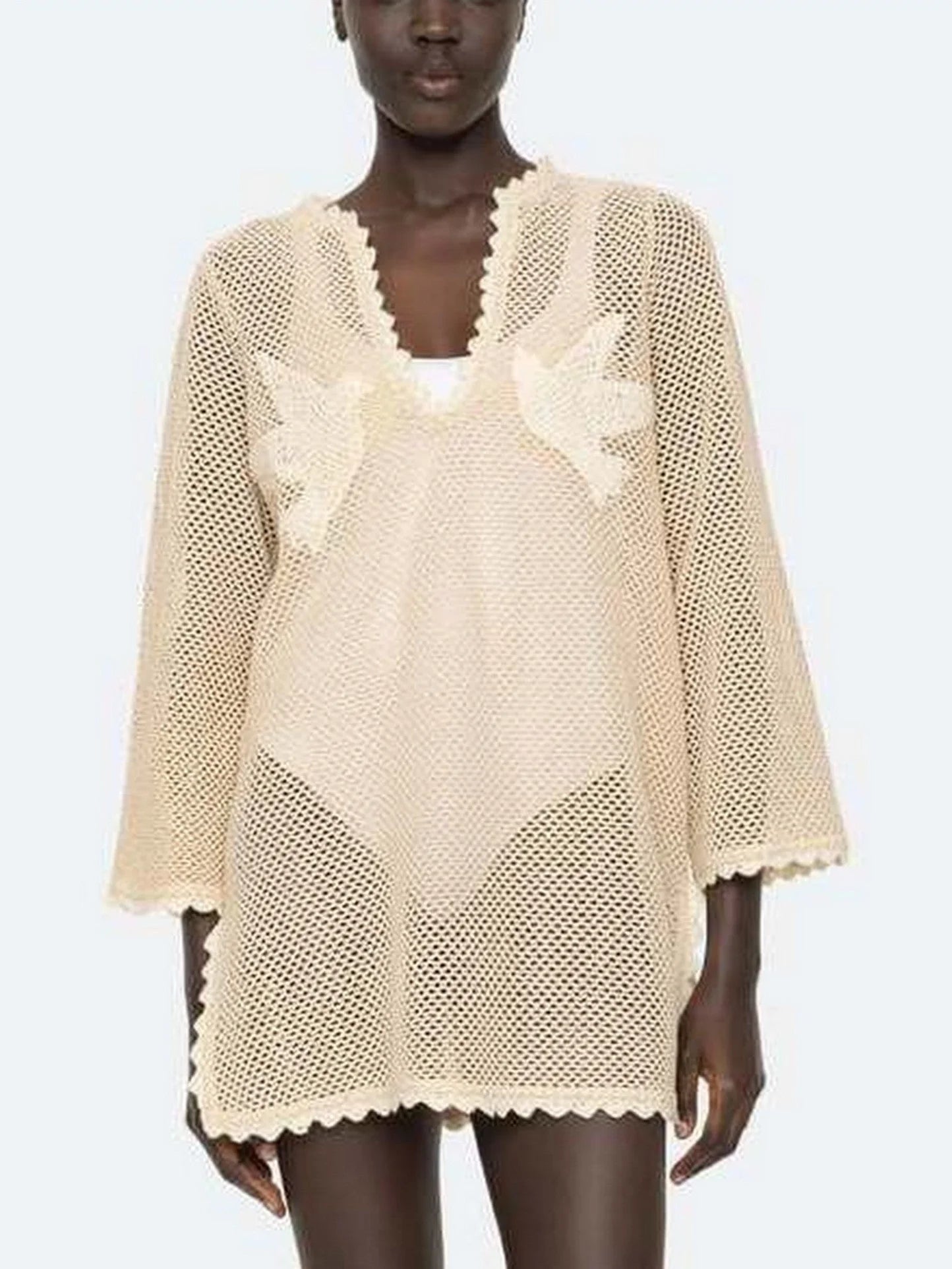 Embroidered Crochet-Knit Cover-Up Long Top - Small - Tops