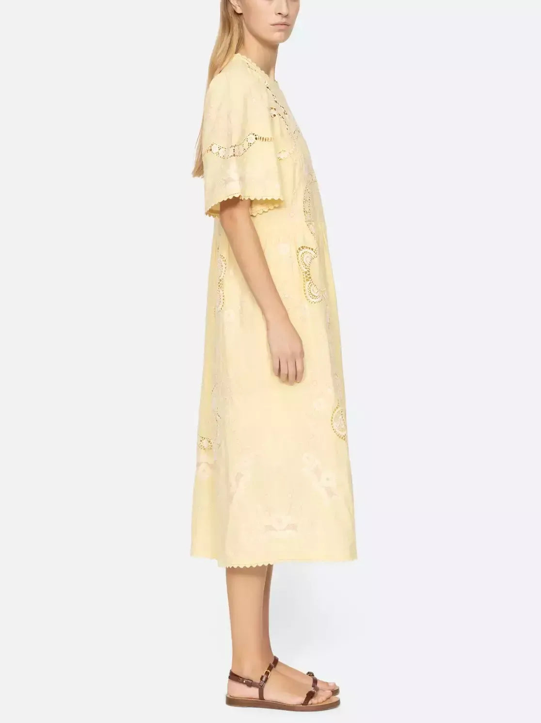 Embroidered Cut-Out Midi Dress in Yellow - Dresses