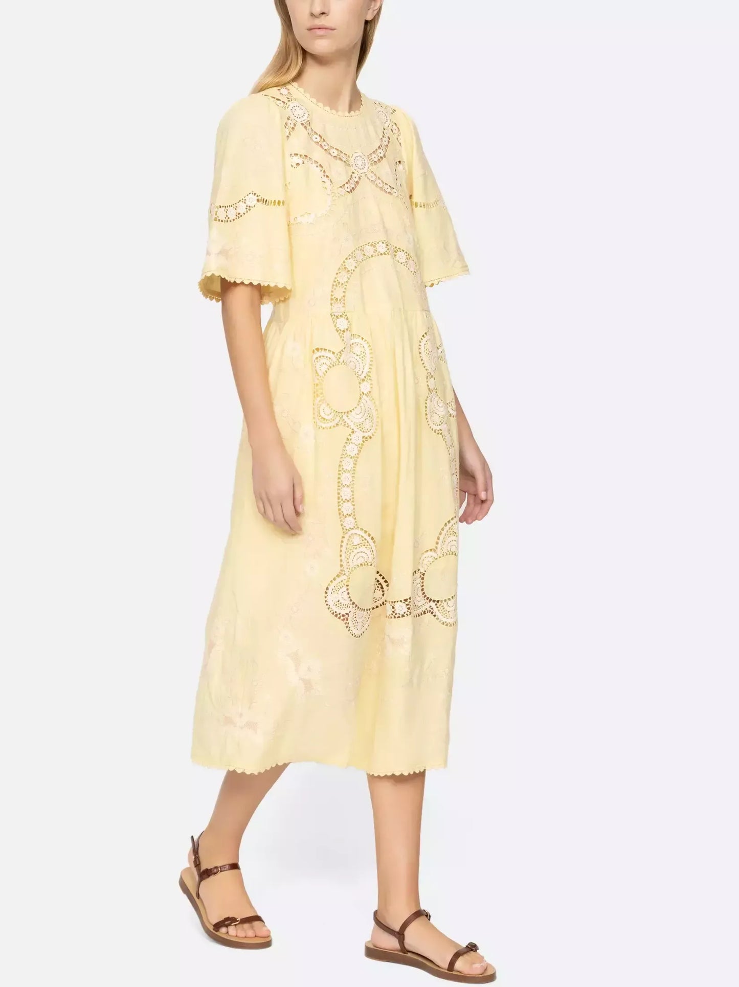 Embroidered Cut-Out Midi Dress in Yellow - Dresses