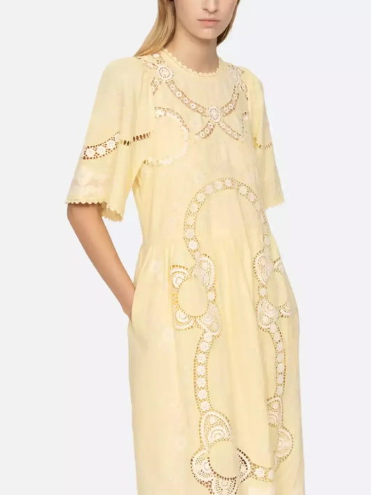 Embroidered Cut-Out Midi Dress in Yellow - Dresses