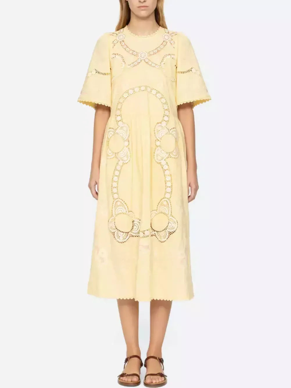 Embroidered Cut-Out Midi Dress in Yellow - Dresses