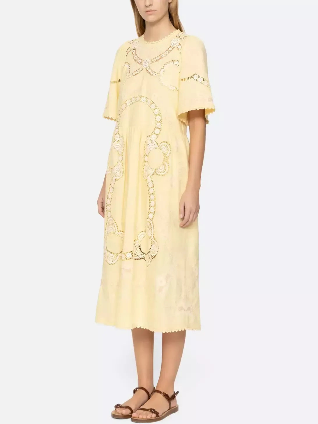 Embroidered Cut-Out Midi Dress in Yellow - Dresses