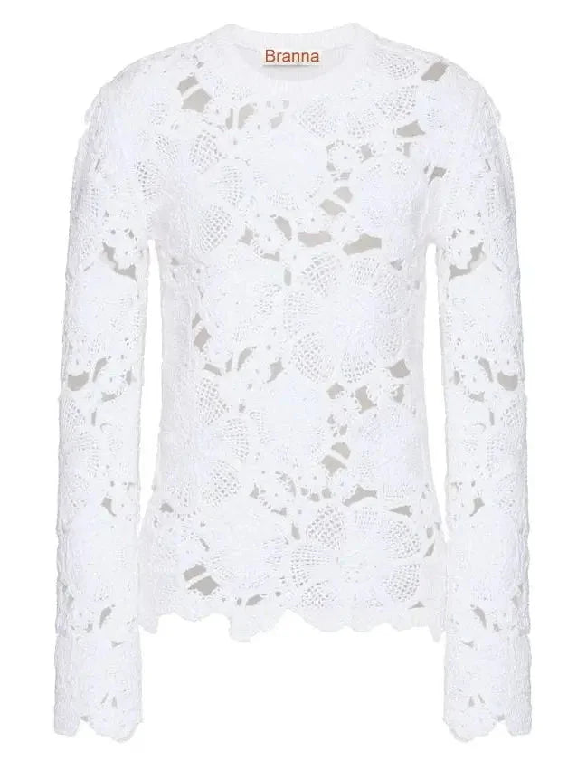 Embroidered Floral Cut-out Crochet-Effect Sweater in White - Sweaters & Knitwear
