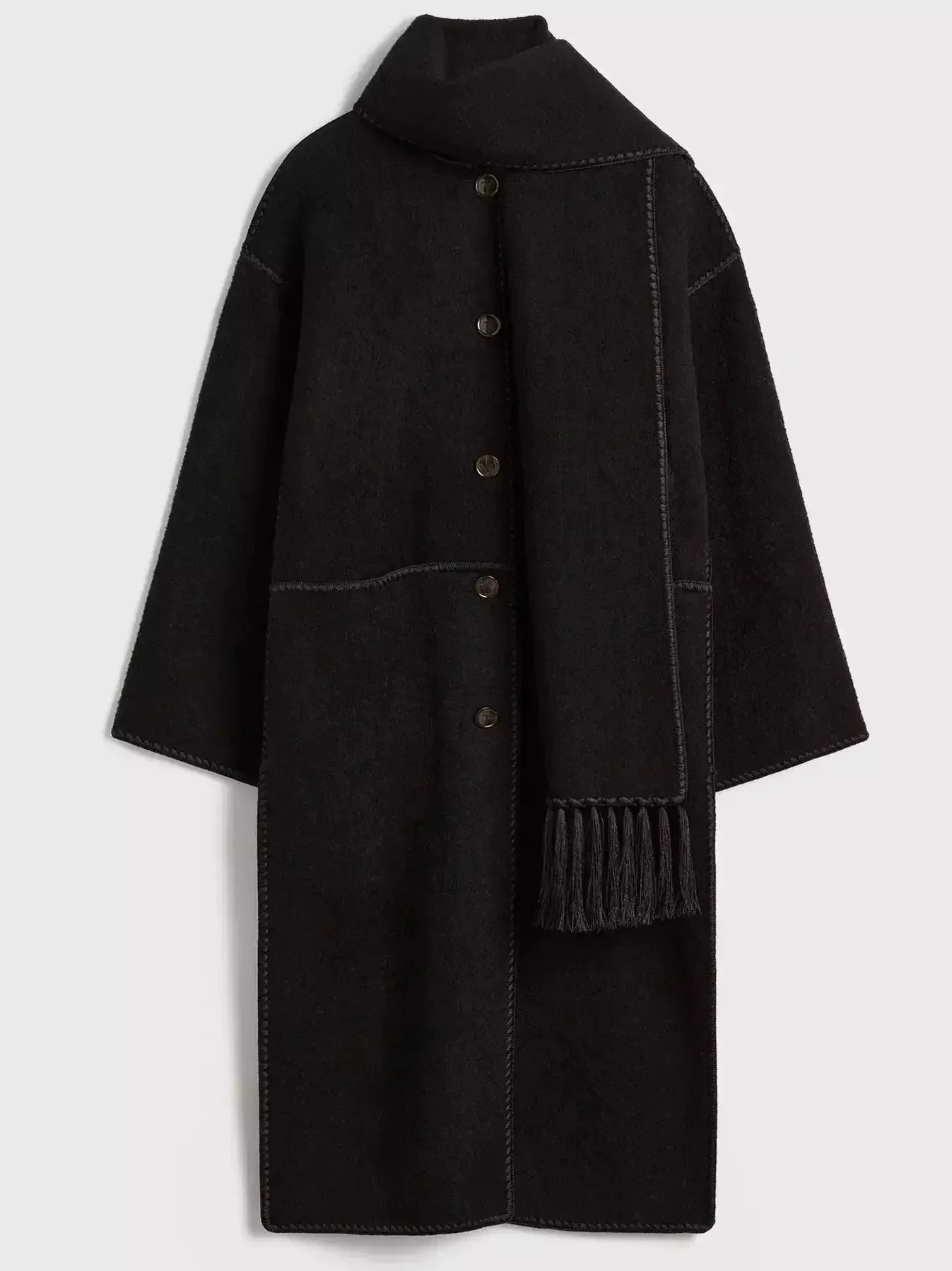 Embroidered Fringed Scarf Long Wool Coat in Black - Coats