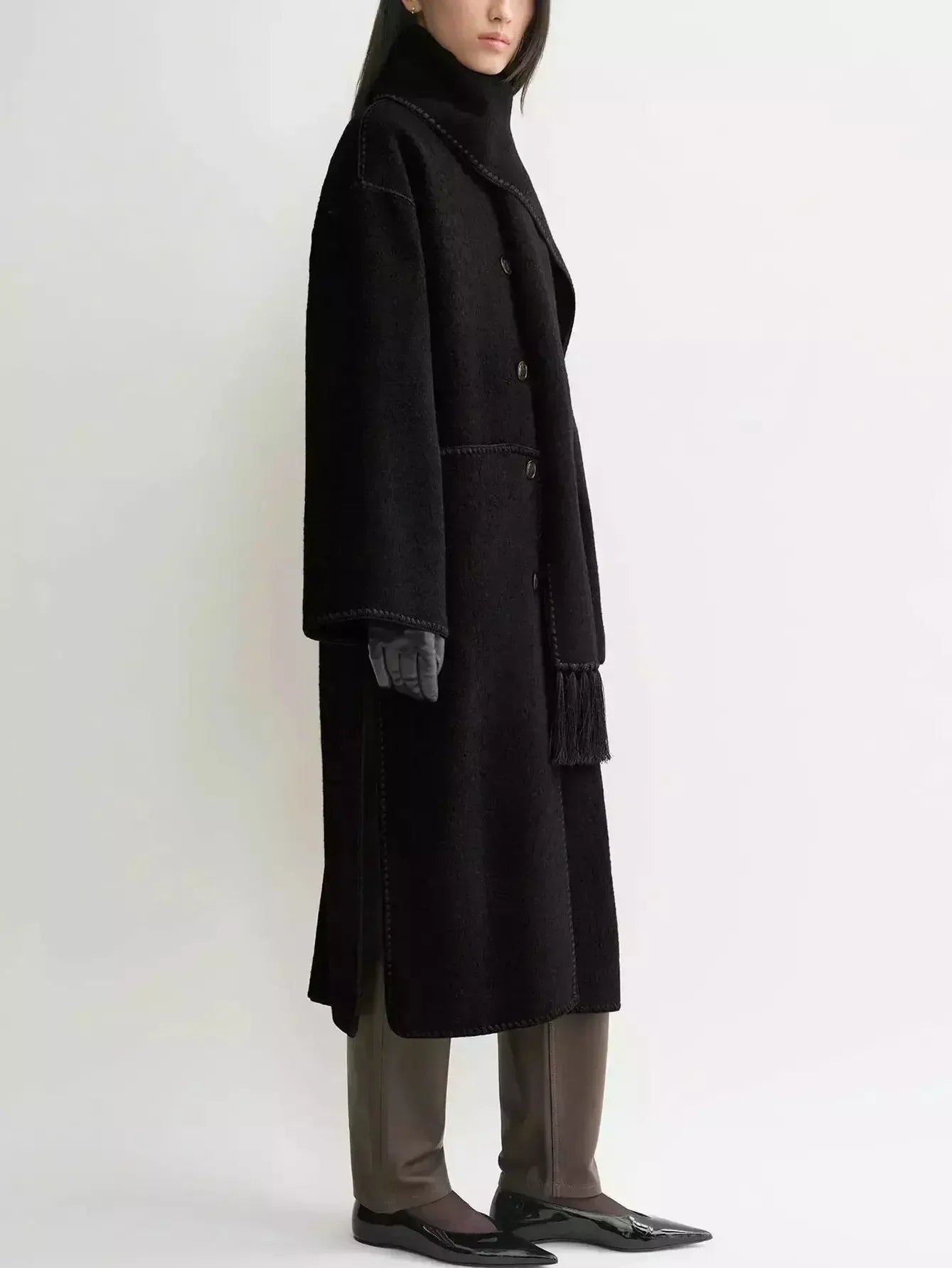 Embroidered Fringed Scarf Long Wool Coat in Black - Coats
