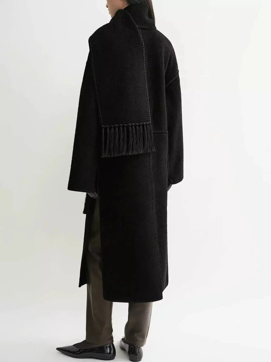 Embroidered Fringed Scarf Long Wool Coat in Black - Coats