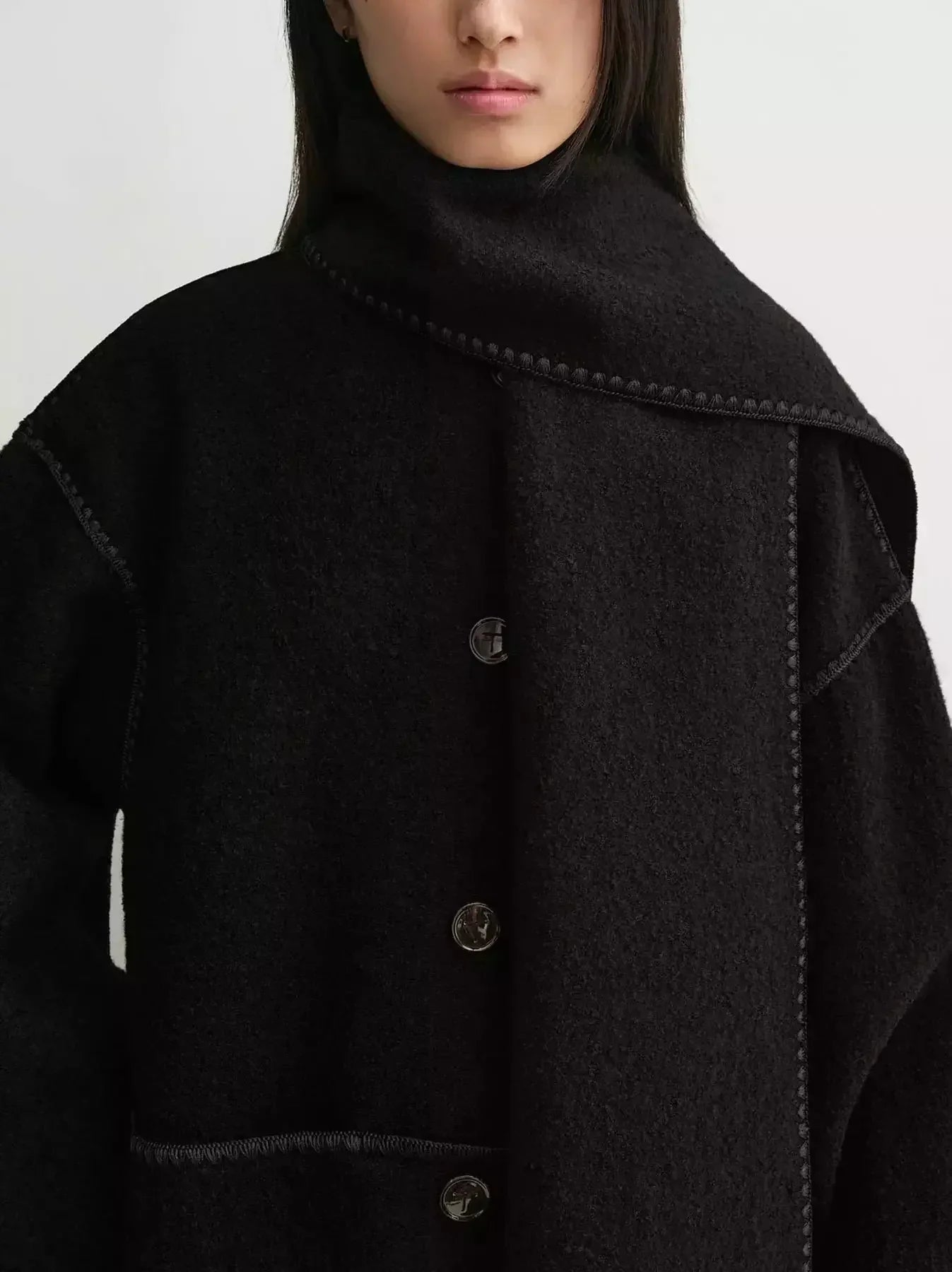 Embroidered Fringed Scarf Long Wool Coat in Black - Coats