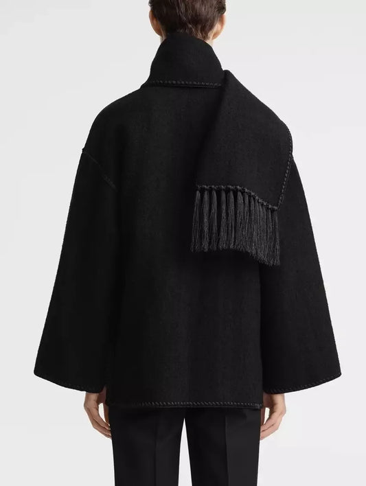 Embroidered Fringed Scarf Short Wool Coat in Black - Coats