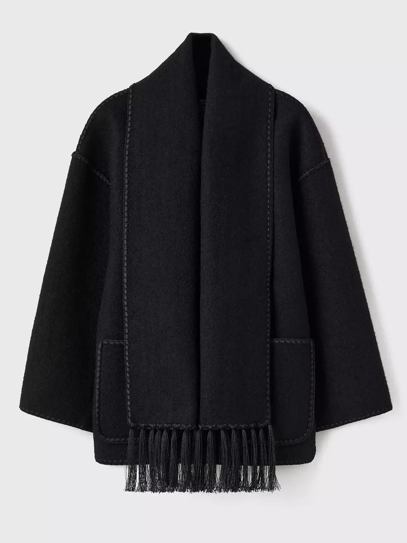 Embroidered Fringed Scarf Short Wool Coat in Black - Coats