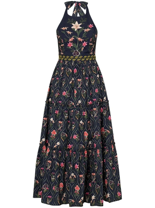 Embroidered Halter-Neck Floral-Print Sleeveless Dress - M - Dresses