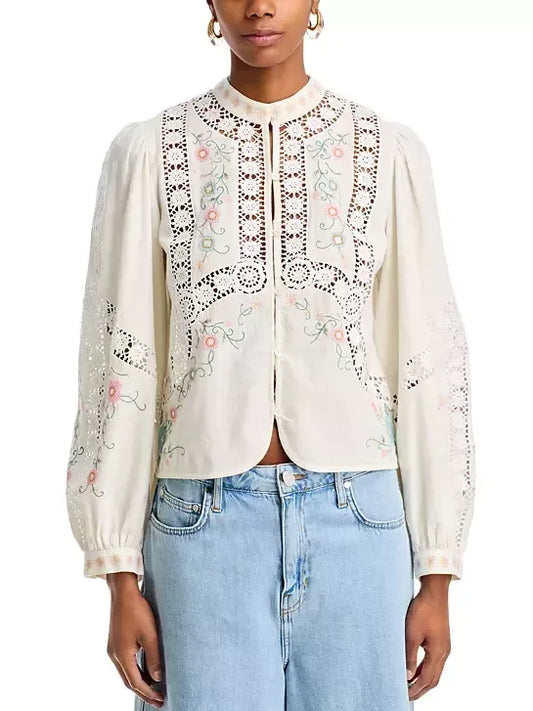 Embroidered High-Neck Button-Front Blouse - Tops