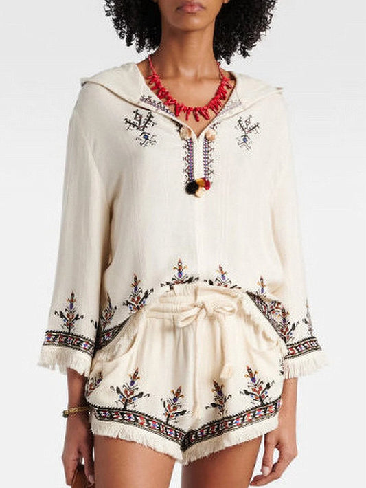 Embroidered Hooded Fringed Top with Pom Pom Details - Tops