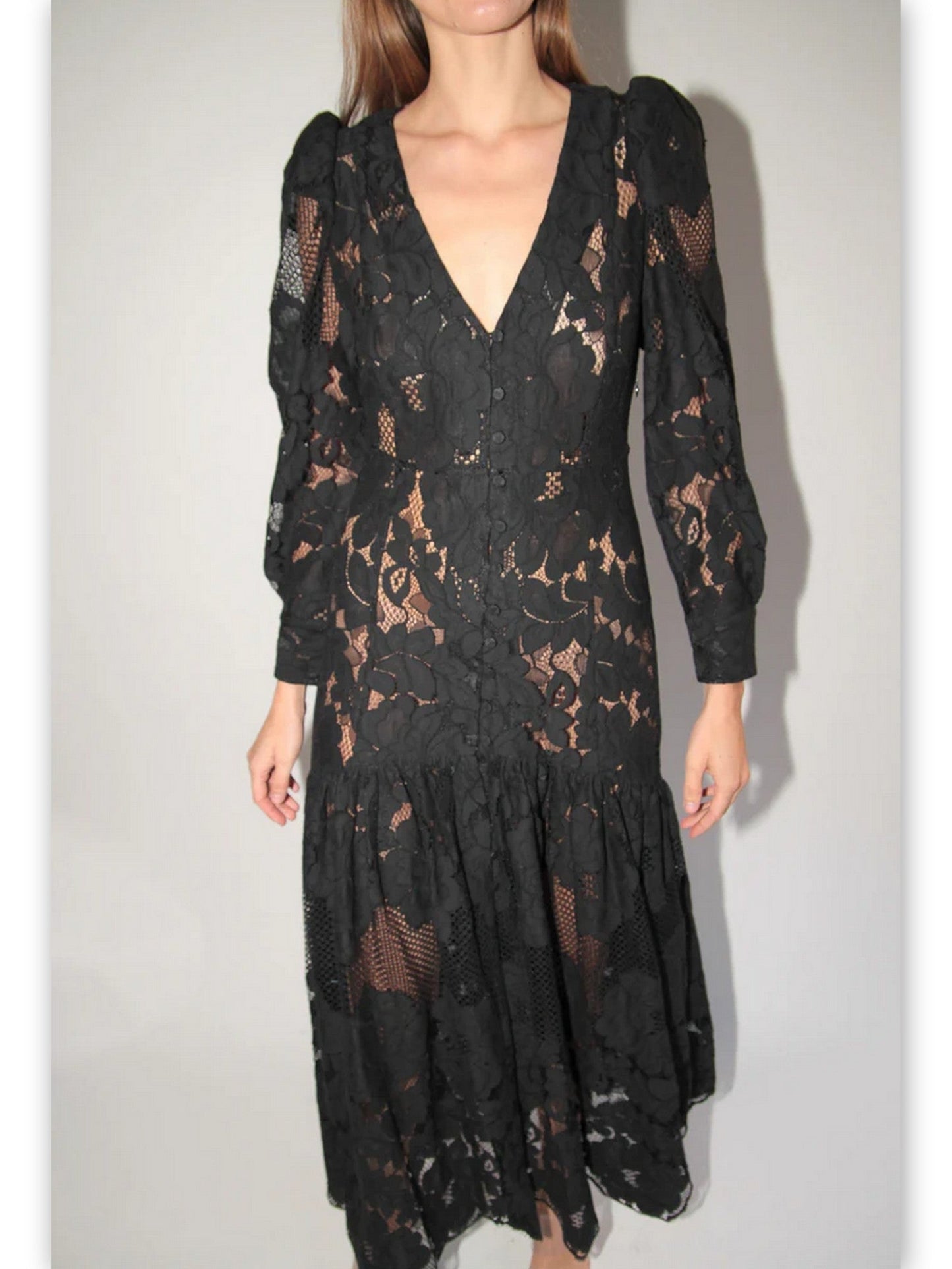 Floral embroidered lace V-neck dress with puff sleeves from Branna Couture