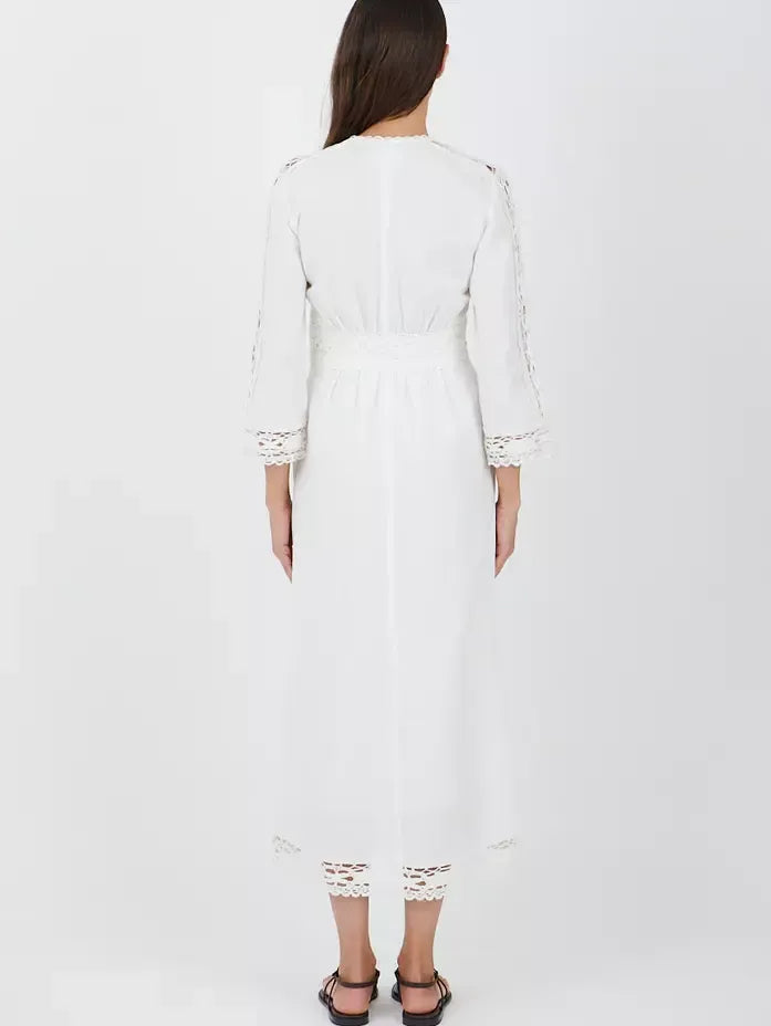 Embroidered Linen and Cotton Lace-Trim Dress - Dresses