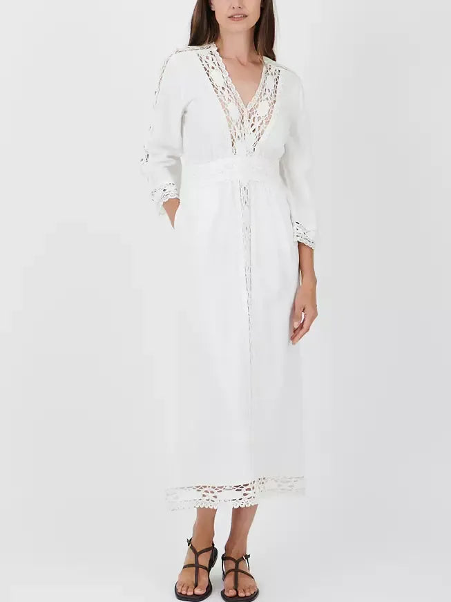 Embroidered Linen and Cotton Lace-Trim Dress - Dresses