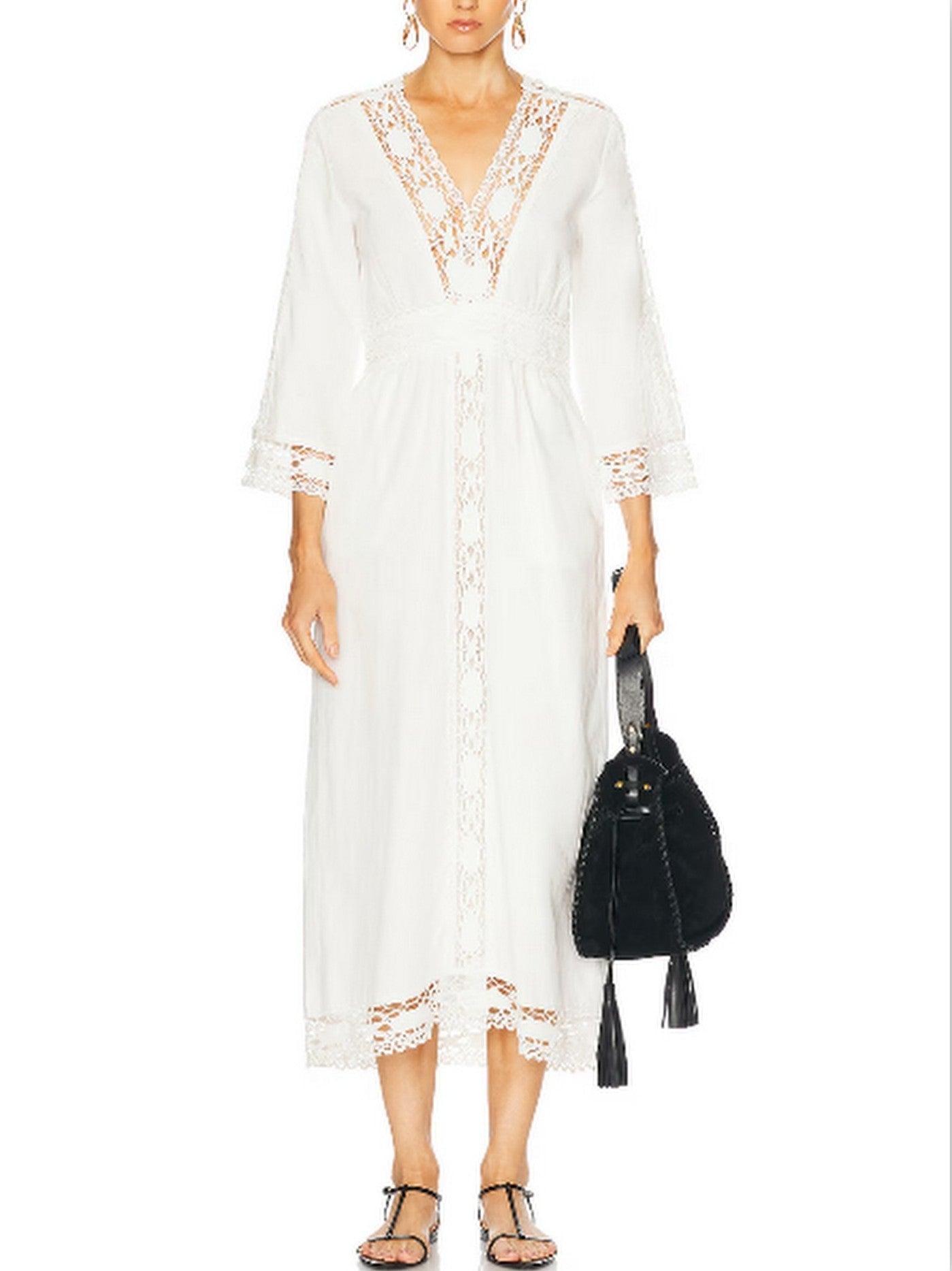 Embroidered Linen and Cotton Lace-Trim Dress - Dresses
