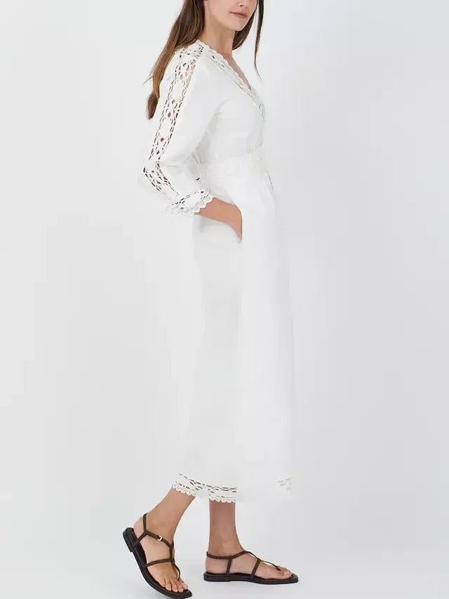 Embroidered Linen and Cotton Lace-Trim Dress - Dresses