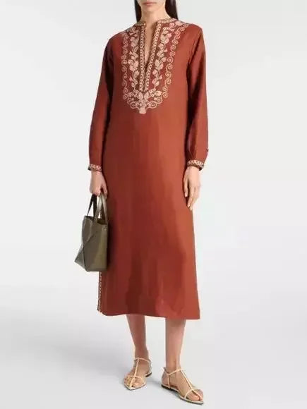 Embroidered Linen Midi Kaftan Dress - Dresses
