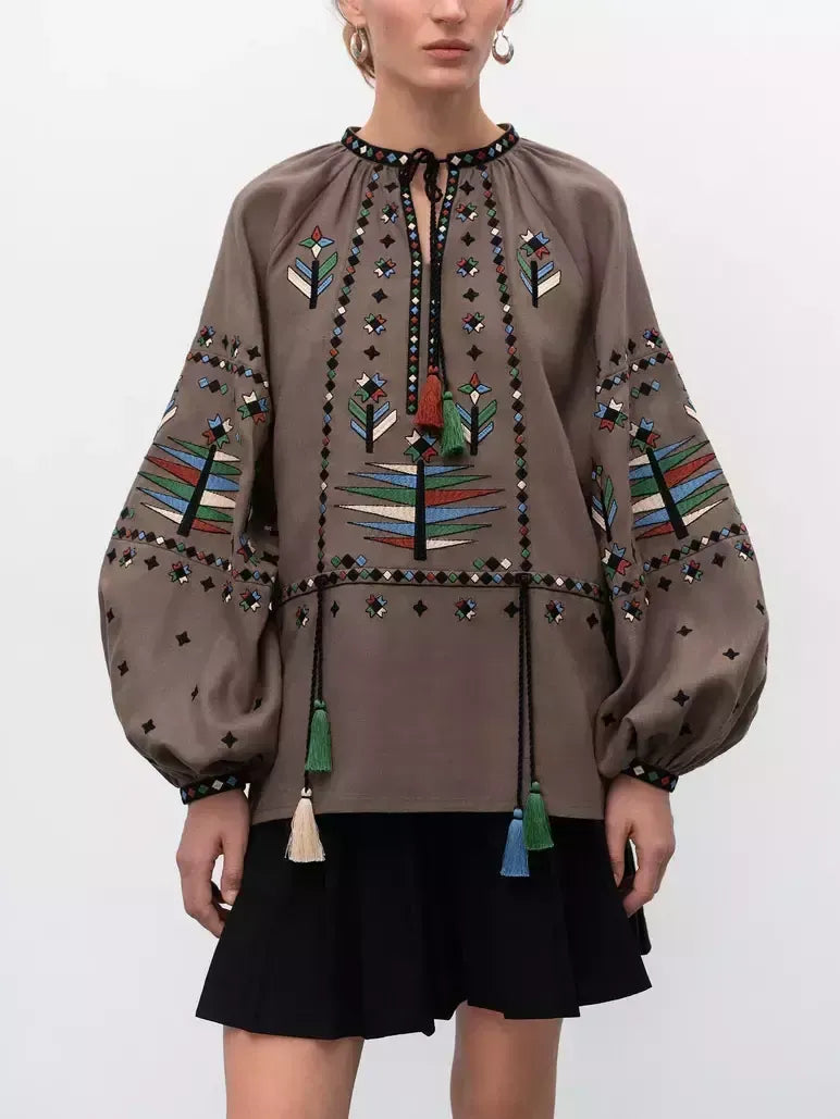 Embroidered Linen Vintage Blouse with Tassels - Tops