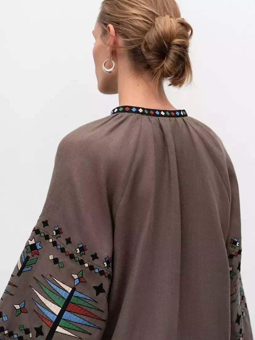 Embroidered Linen Vintage Blouse with Tassels - Tops