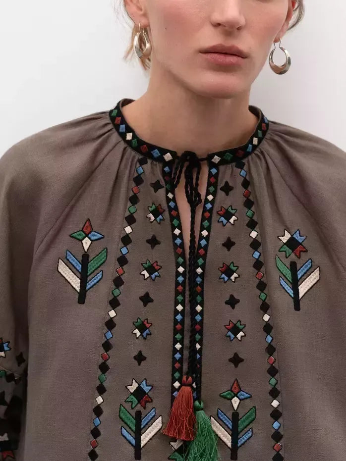 Embroidered Linen Vintage Blouse with Tassels - Tops