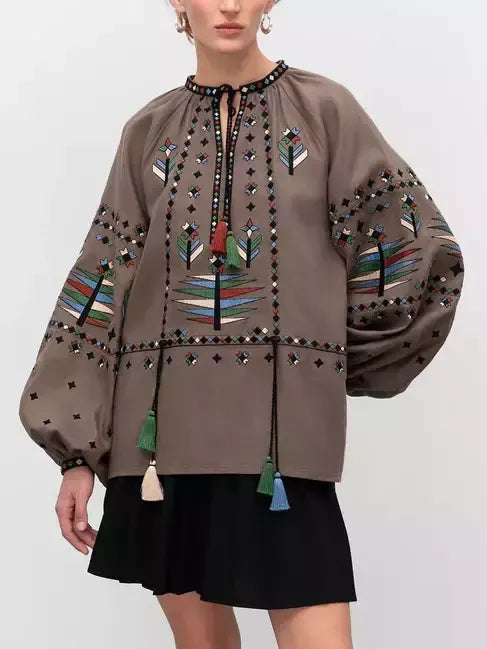 Embroidered Linen Vintage Blouse with Tassels - Tops