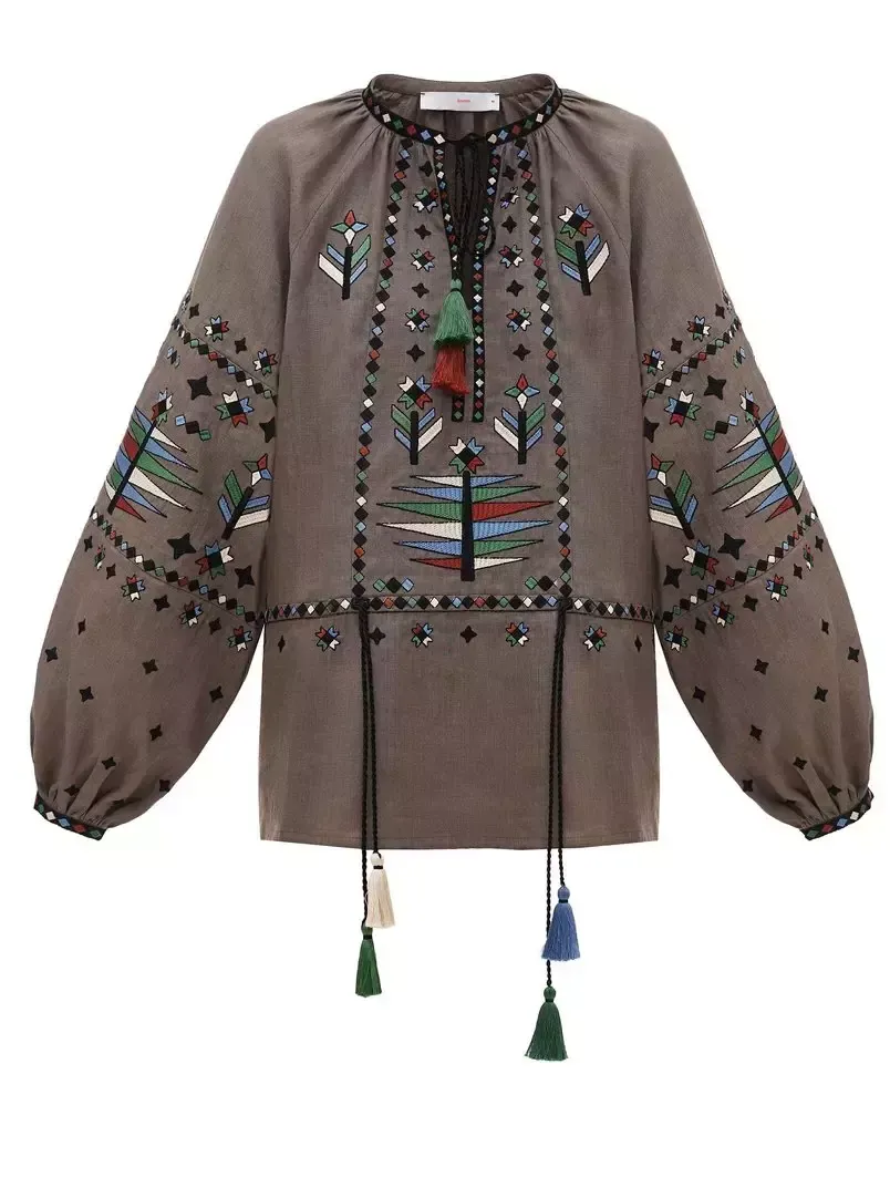 Embroidered Linen Vintage Blouse with Tassels - Tops