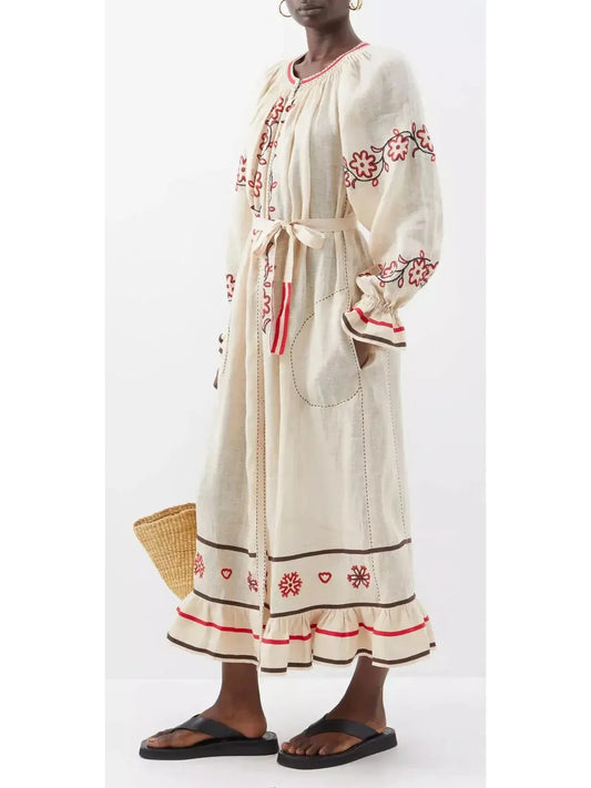 Embroidered Long-Sleeve Linen Boho Dress with Tie-Waist - Dresses