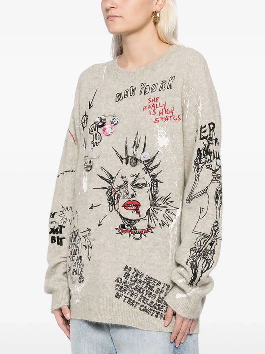 Embroidered Oversized Boyfriend Mohair-Blend Sweater - Sweaters & Knitwear