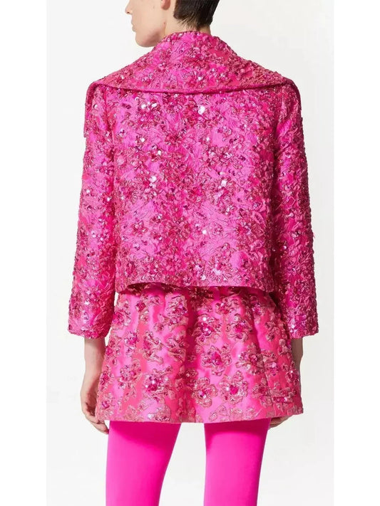 Embroidered Pink Jacquard Cropped Jacket - Jackets