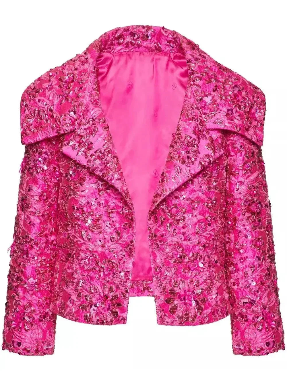 Embroidered Pink Jacquard Cropped Jacket - Jackets