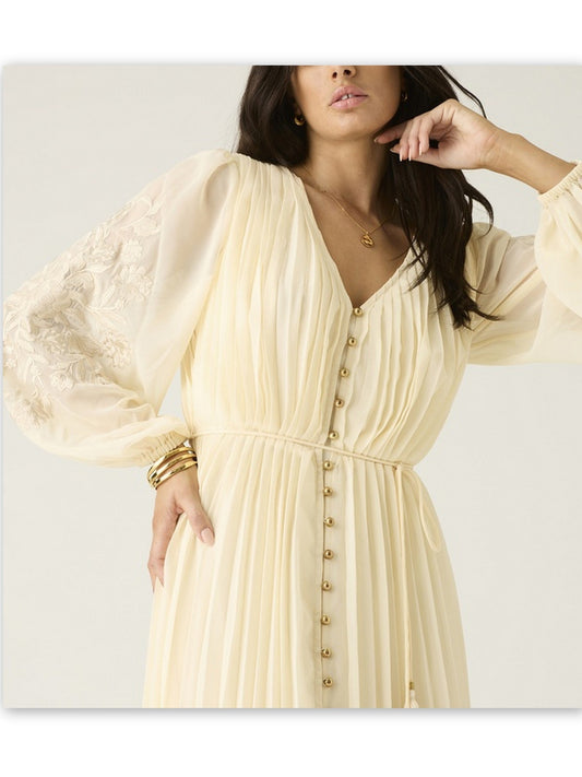 Cream-colored embroidered-sleeve pleated V-neck dress midi style elegant design