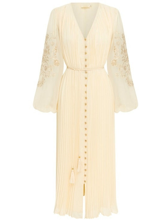 Cream-colored embroidered-sleeve pleated V-neck dress with embellishments