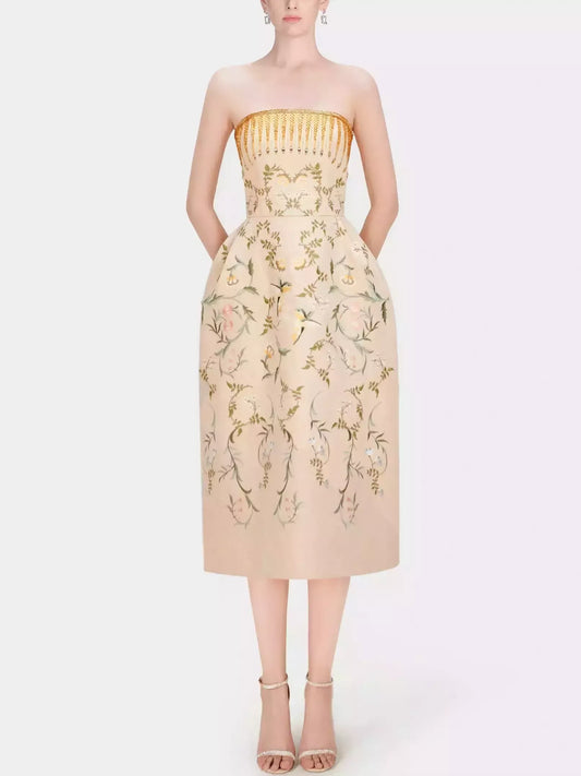 Embroidered Strapless Midi Dress with Beading - M - Dresses