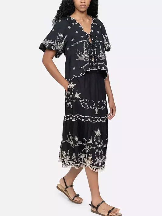 Embroidered Tie-Front Blouse and Midi Skirt Set - Suits & Sets