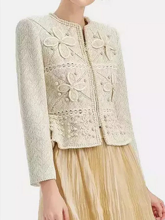 Embellished cream-colored Embroidered Tweed Zip-Front Jacket perfect for stylish outfits
