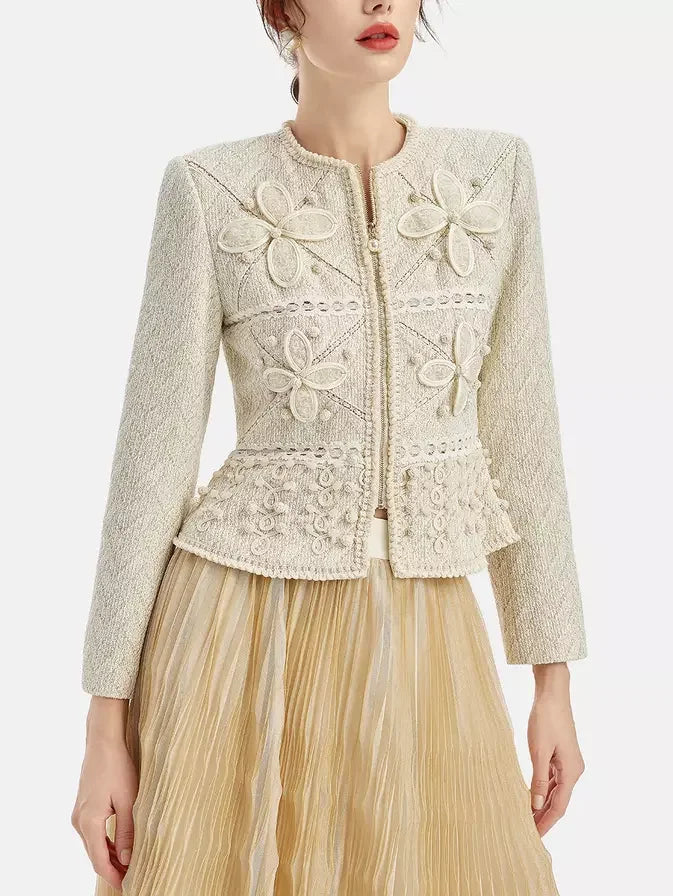 Beige floral-embellished embroidered tweed zip-front jacket showcased for purchase