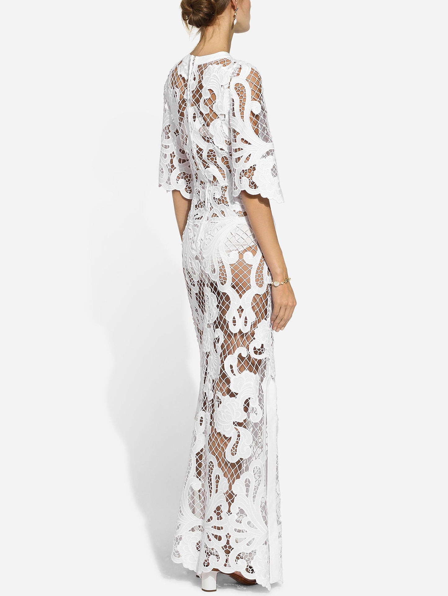Embroidered White Mesh Maxi Dress - Dresses