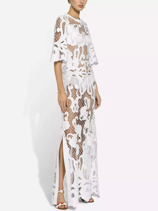 Embroidered White Mesh Maxi Dress - Dresses