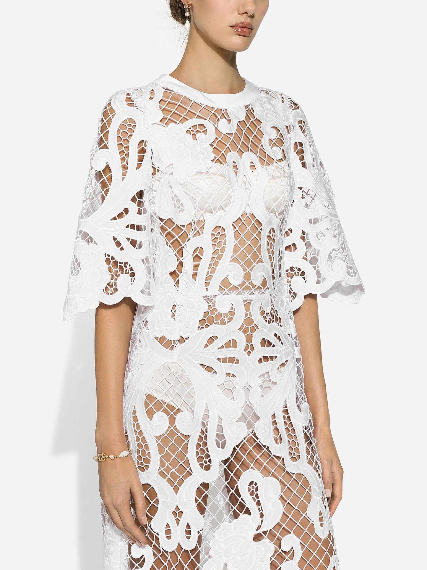 Embroidered White Mesh Maxi Dress - Dresses